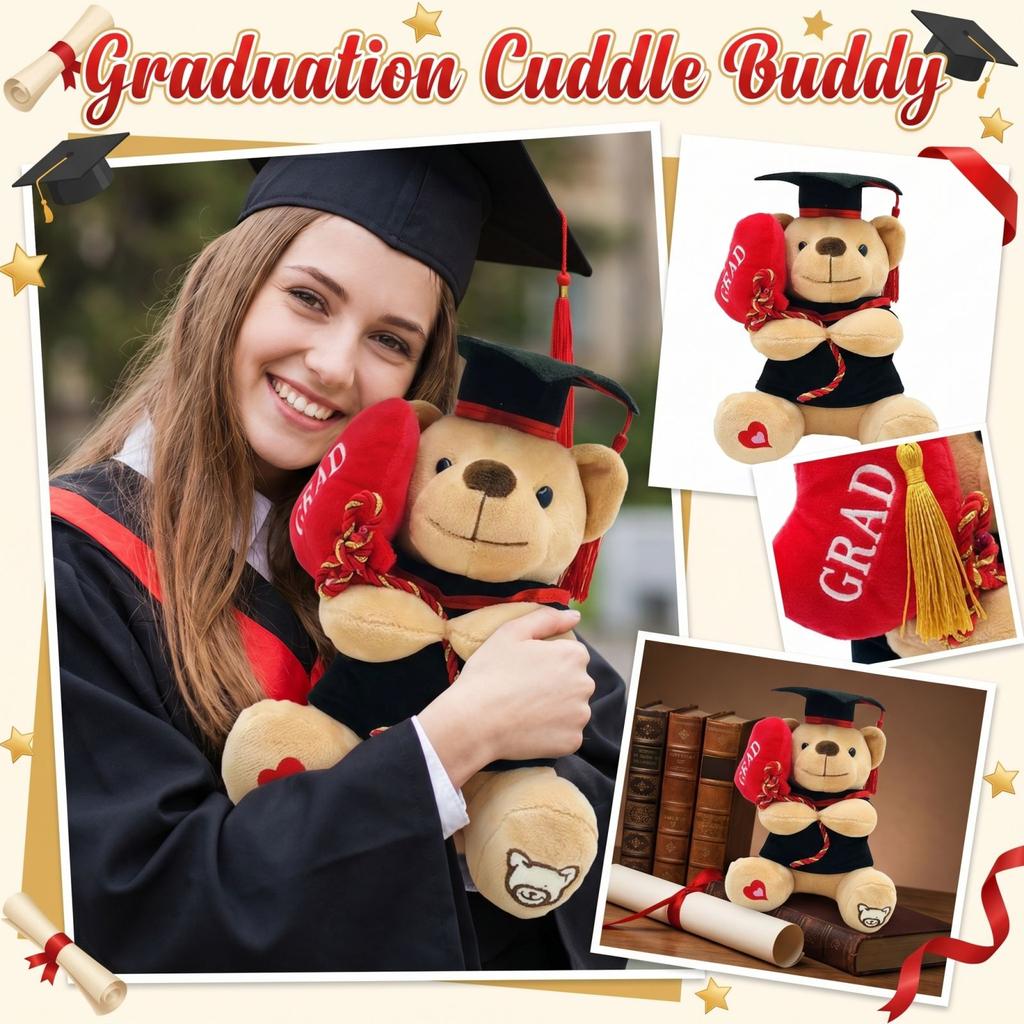 Plush Graduation Bear Toy Wearing Academic Cap and Gown Holding Heart Pillow with Grad Embroidery Soft Stuffed Animal Gift for Graduates