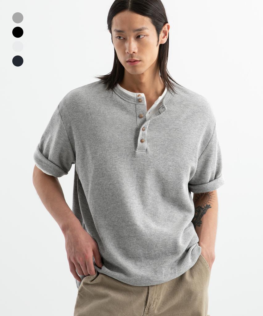 БРЕНСОН (вафельный) Свободная вафельная футболка-henley с коротким рукавом (4 цвета)