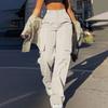 Streetwear Basic Buckle Cargo Pants Women Trousers Solid Straight Leg Big Pockets Baggy Sweatpants Chic
