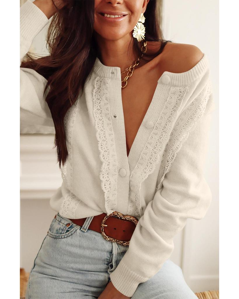 Azura Exchange Lace Trim Ribbed Button Up Cardigan