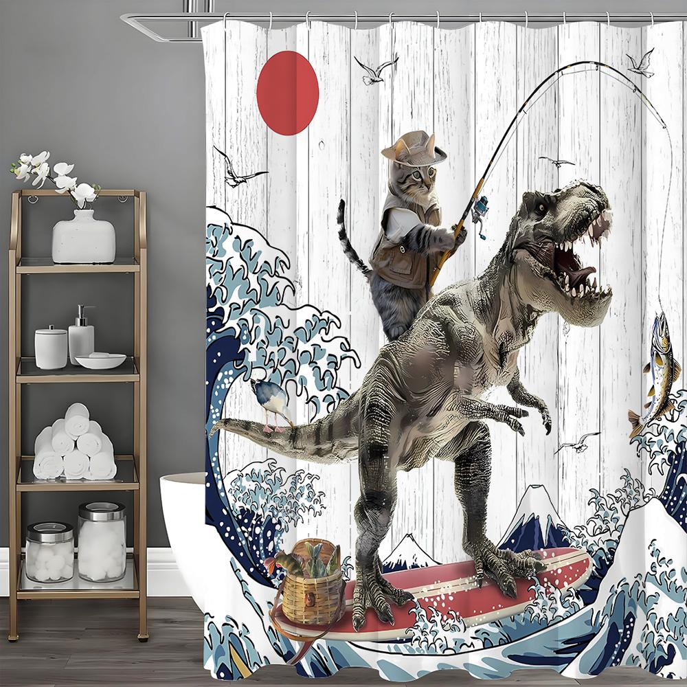 Cat and Dinosaur Shower Curtain, Japanese Sea Waves for Bathroom, Kids, Shower Curtain Decorative Shower Curtain, Waterproof Sho