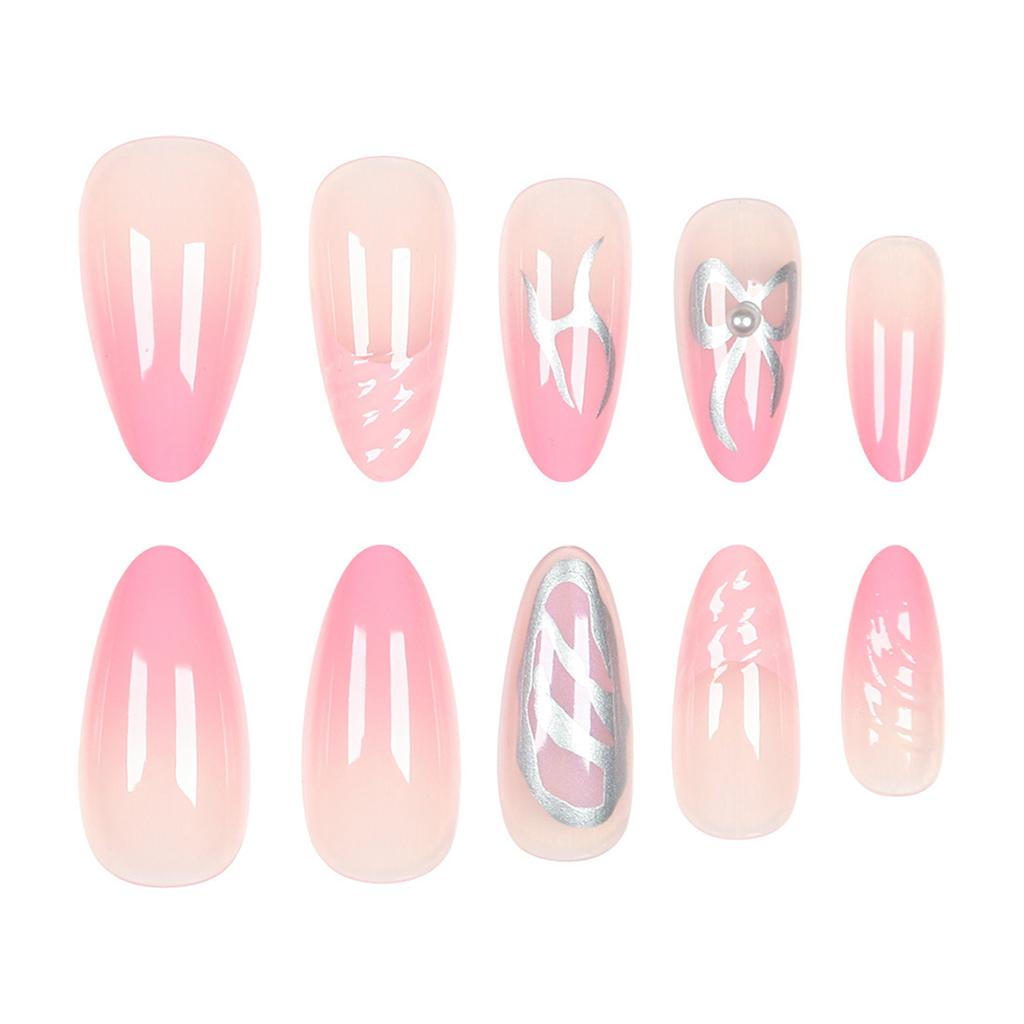 Pink Gradient Fake Nails with 3D Pattern Prevailing Natural Look Press-On Nail Sets for Hot Girl Dress Matching