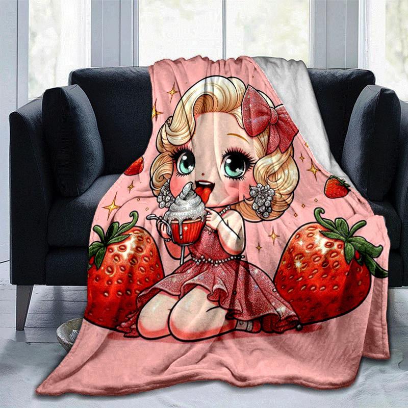 1pc Strawberry Printing Lightweight Flannel Blanket, Comfortable and Warm Blanket, for Camping Sofa Bed and Couch Office, Gift