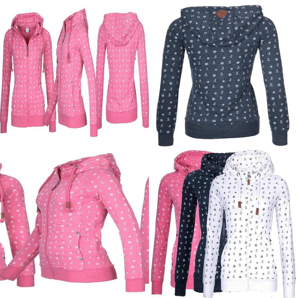 Luxurious And Soft Women's Hooded Fleece Hoodie With Sea Anchor Print And Zipper