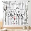 Retro Tableware Kitchen Text Curtain Panels,Distressed Wood Fork Spoon Sweet Home Slogan Full Print Drapes For Bakery Cafe Decor
