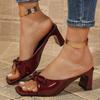 Fashion Elegant Ladies Slip On Bowknot Sandals 2025 Patent Leather Square Toe High Heels Mules Shoes Woman Plus Size 42 Sandalias Mujer