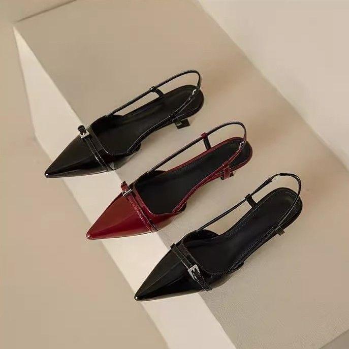 Ретро туфли-лодочки на тонком каблуке с открытой пяткой, бордовые, темпераментные, с острым носком, из лакированной кожи, на среднем каблуке, с закрытым носком, сандалии женские 2025 зима новые модели