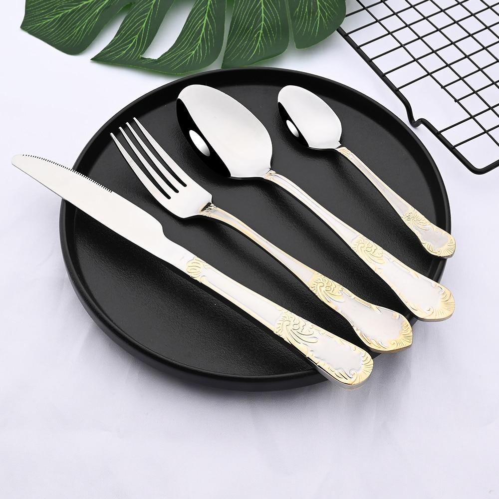 24Pcs Gold Flower Pattern Cutlery Set 18/10 Stainless Steel Tableware Set Knife Fork Tea Spoon Dinnerware Silverware Kitchen Flatware