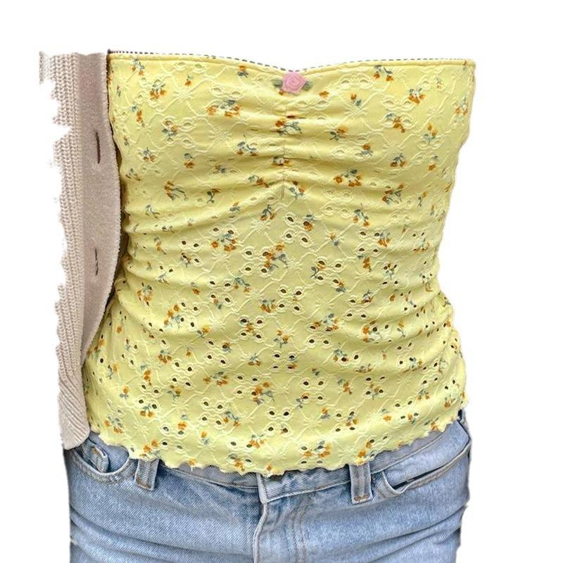 Цветочные кружевные вставки, плиссированный облегающий топ-труба, тонкий внутренний топ для девушки