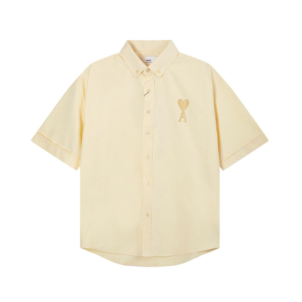 AMI Мужская классическая осенняя рубашка с коротким рукавом, повседневная хлопковая однотонная, с вышивкой сердечка в тон на груди