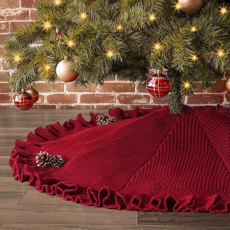 Red Knit Christmas Tree Skirt 48 Inch 122cm Holiday Home Decor