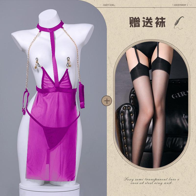 Erotic lingerie sexy mesh see-through uniform temptation leaking breasts passion stripless SM battle robe girl on the bed