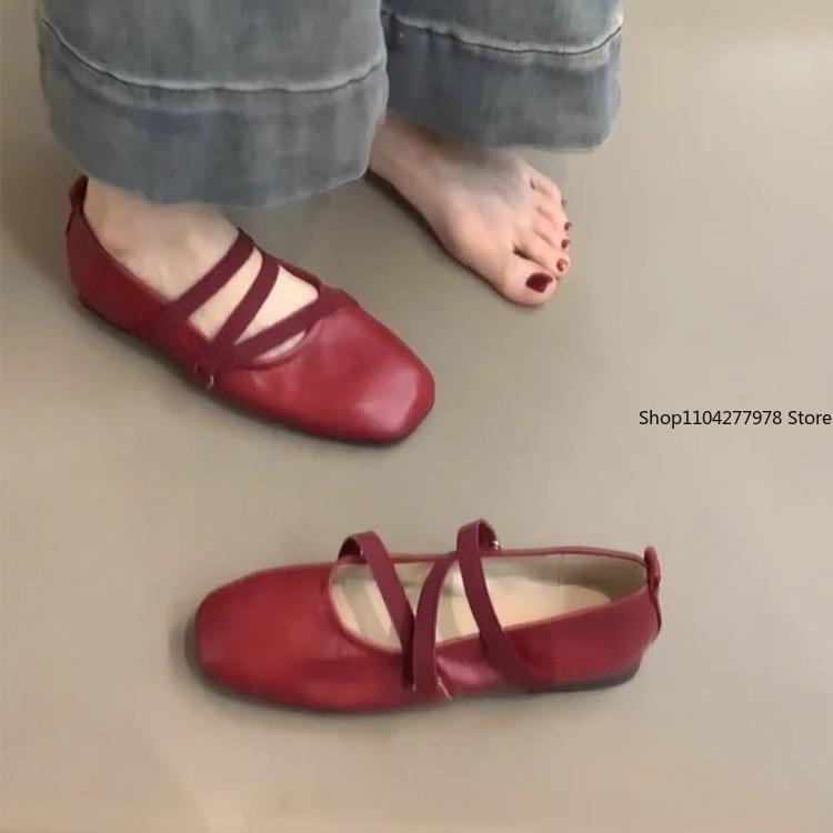 Fashion Spring Ballet Flat Shoes Women Comfy Leather Shoes 2025 Women Luxury Women Square Toe Flat Mary Janes Ladies Shoes Double Buckle