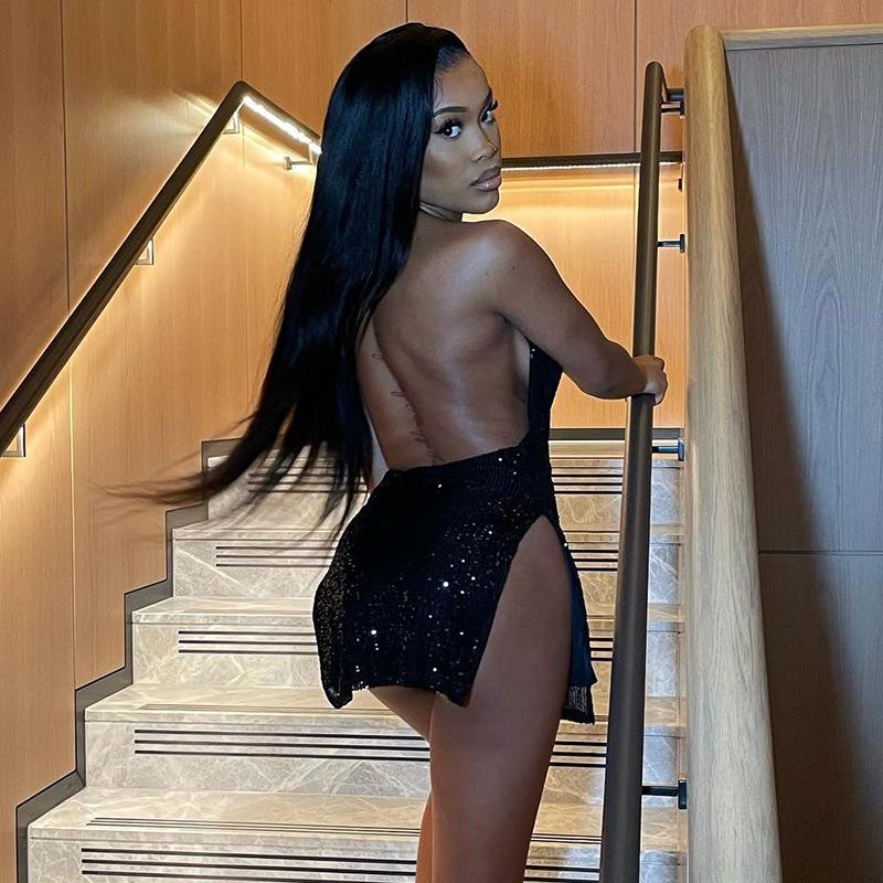 Уличные сексуальные короткие женские платья с открытой спиной и полым висячим вырезом
