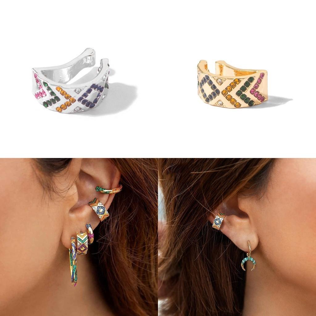 Alloy Stylish Womens Ear Clips With Colorful Rhinestones Ushaped Design