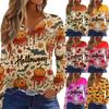 Women's T Shirt Tee HAlloween Print Button Long Sleeve Daily Weekend Fashion Basic V- Neck Regular Top