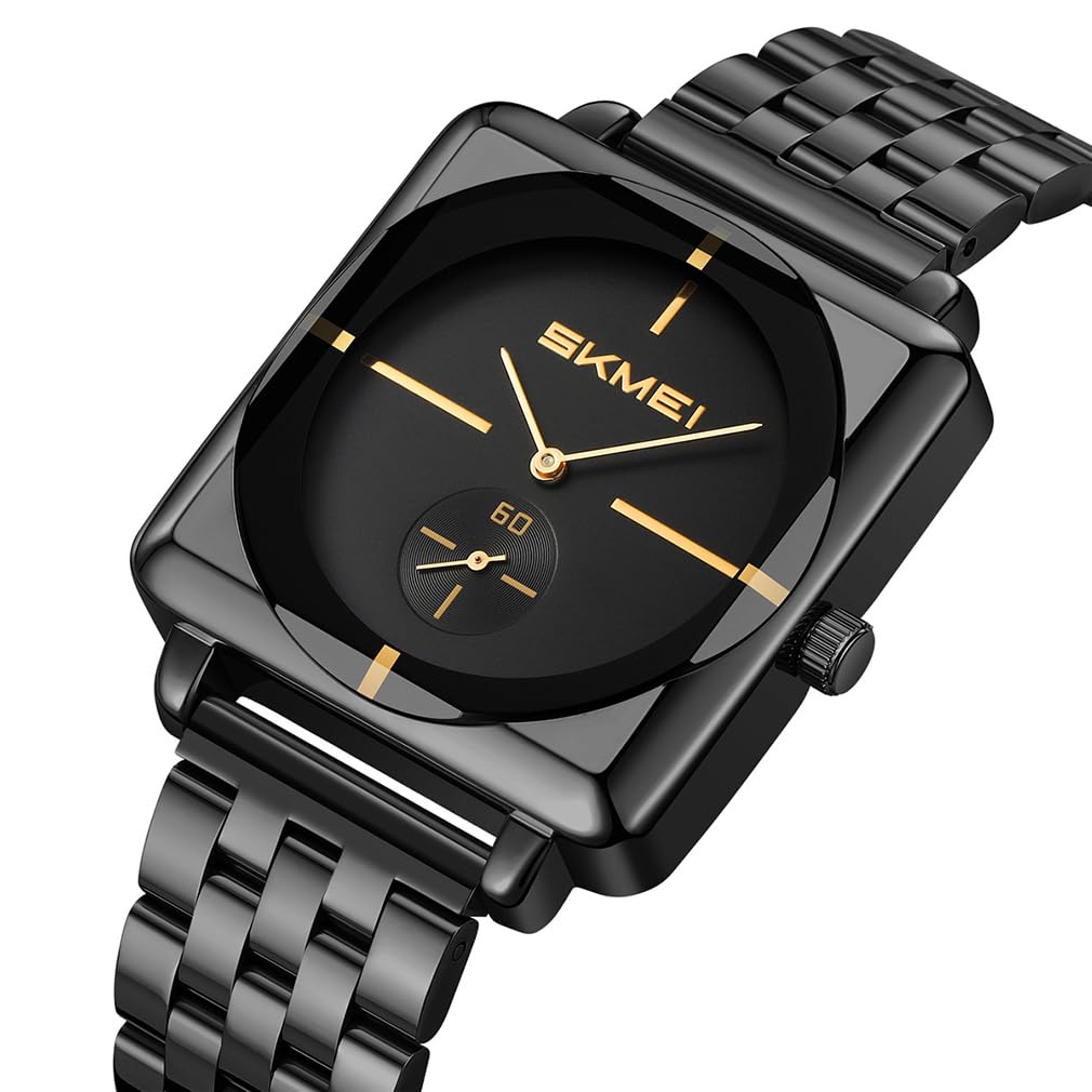 SKMEI Square Watch Men Simple Stylish Stainless Steel Wristwatch Gentleman Waterproof Analog Business Casual Male Luxury Gift Black Wach for Men