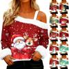 Women's Off-the-shoulder Plush Neck Printed Long-sleeved Pullover T-shirt Top