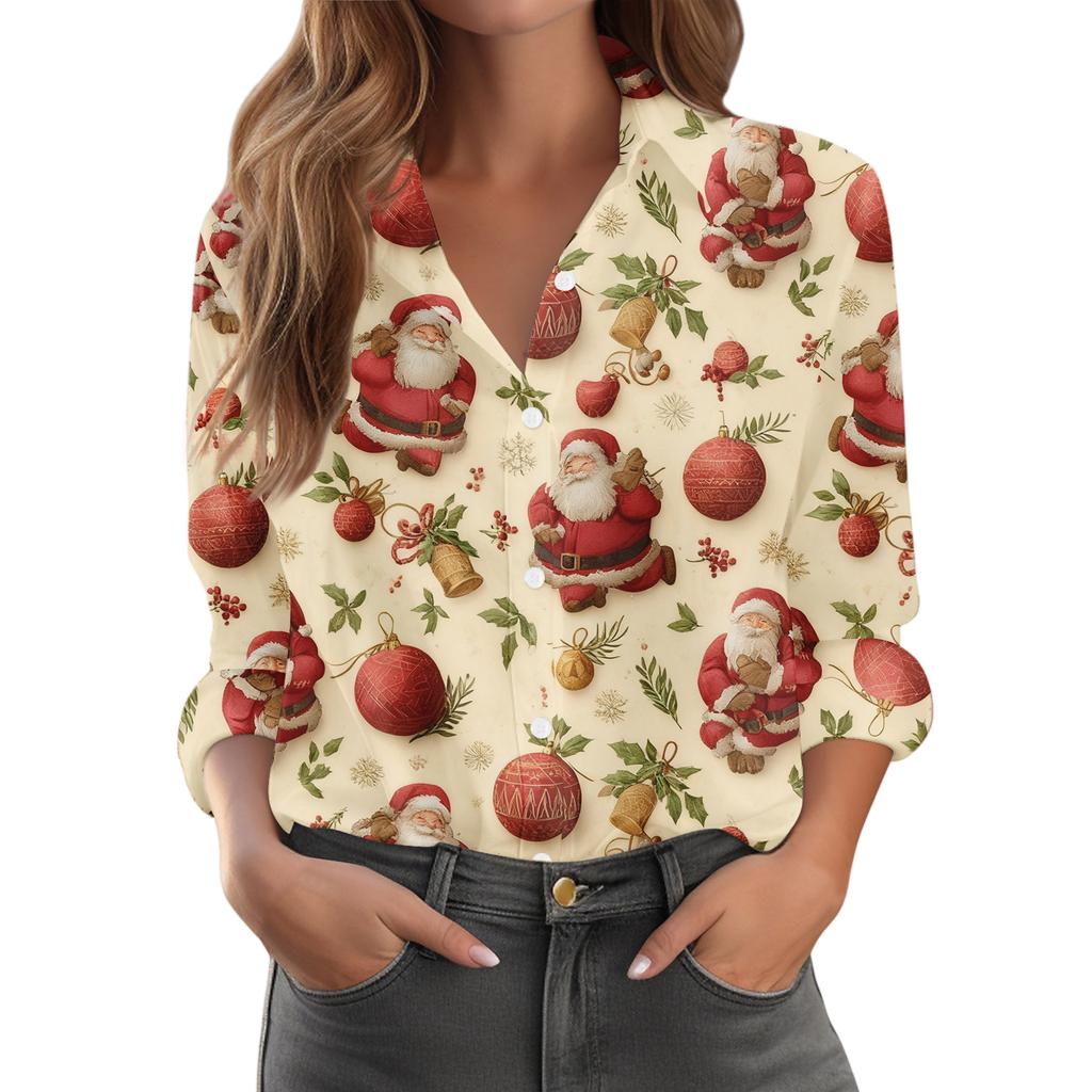 Women's Christmas Printed Button Up Long Sleeved Casual Regular Shirt With Collar Top