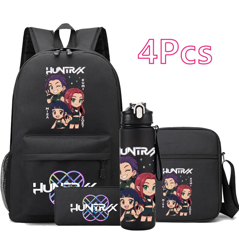 4 шт./компл. Аниме Мультфильм K-Pop Принт Рюкзак с бутылкой для воды 750 мл для Подростка Студента Девочки Мальчика Книжная сумка Детский Подарок Большая Вместимость Дорожная Сумка