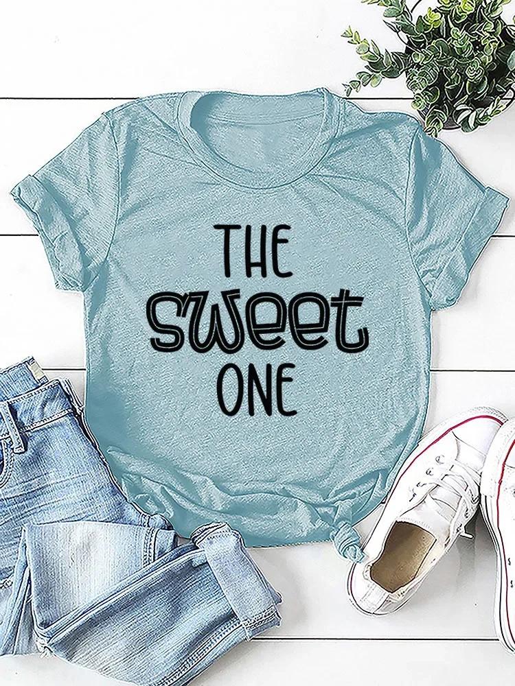 Женская футболка с принтом в виде буквы THE SWEET ONE и коротким рукавом с круглым вырезом, свободная женская футболка, женские футболки, топы, женские рубашки