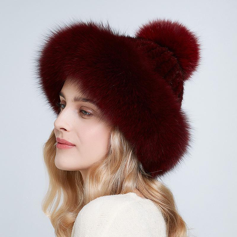 Genuine Mink Fur Beanie Hat Winter Womens Fox Brim Hats Thick Warm Fox Fur Caps With Pompom Fashion Fur Knit Beanies