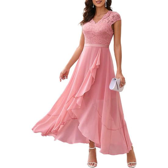 Women Party Dress Lace V Neck Ruffle Sleeveless Irregular Hem Dress-up Tight Waist Loose Hem Women Prom Dress