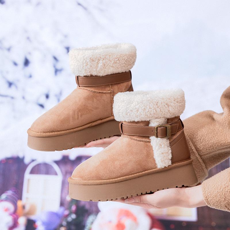 2025 зима новые короткие сапоги-дутики с откидным голенищем и пряжкой на ремне, на толстой подошве, сапоги-рыцари с Северо-Востока, теплые и модные, универсальные