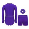 Girls Gymnastics Dance Set Long Sleeve Shiny Cutout Front Back Zipper Leotard Rhinestones Shorts Headwear