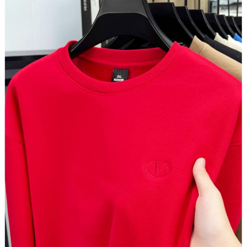 High-End Men's Royal Blue Embroidered Sweatshirt, Round Neck, Velvet-Lined for Autumn/Winter Warmth