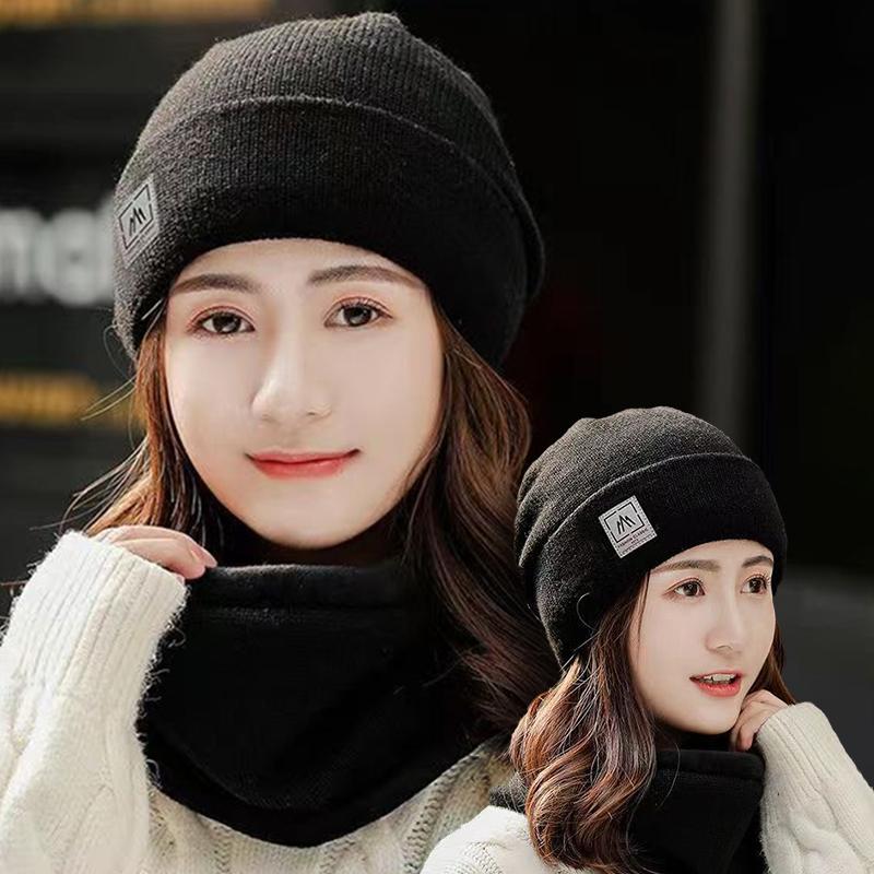Women Knitted Beanie+Scarf Sets Thicken Velvet Lining Pullover Cap Unisex Winter Warm Plush Bonnet Neck Protection Scarves Hat