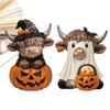 2-Piece Set of Halloween Highland Cow Ornaments, Pink Highland Cow Wooden Tabletop Decorations, Cow Statues with Skull Hats, Su
