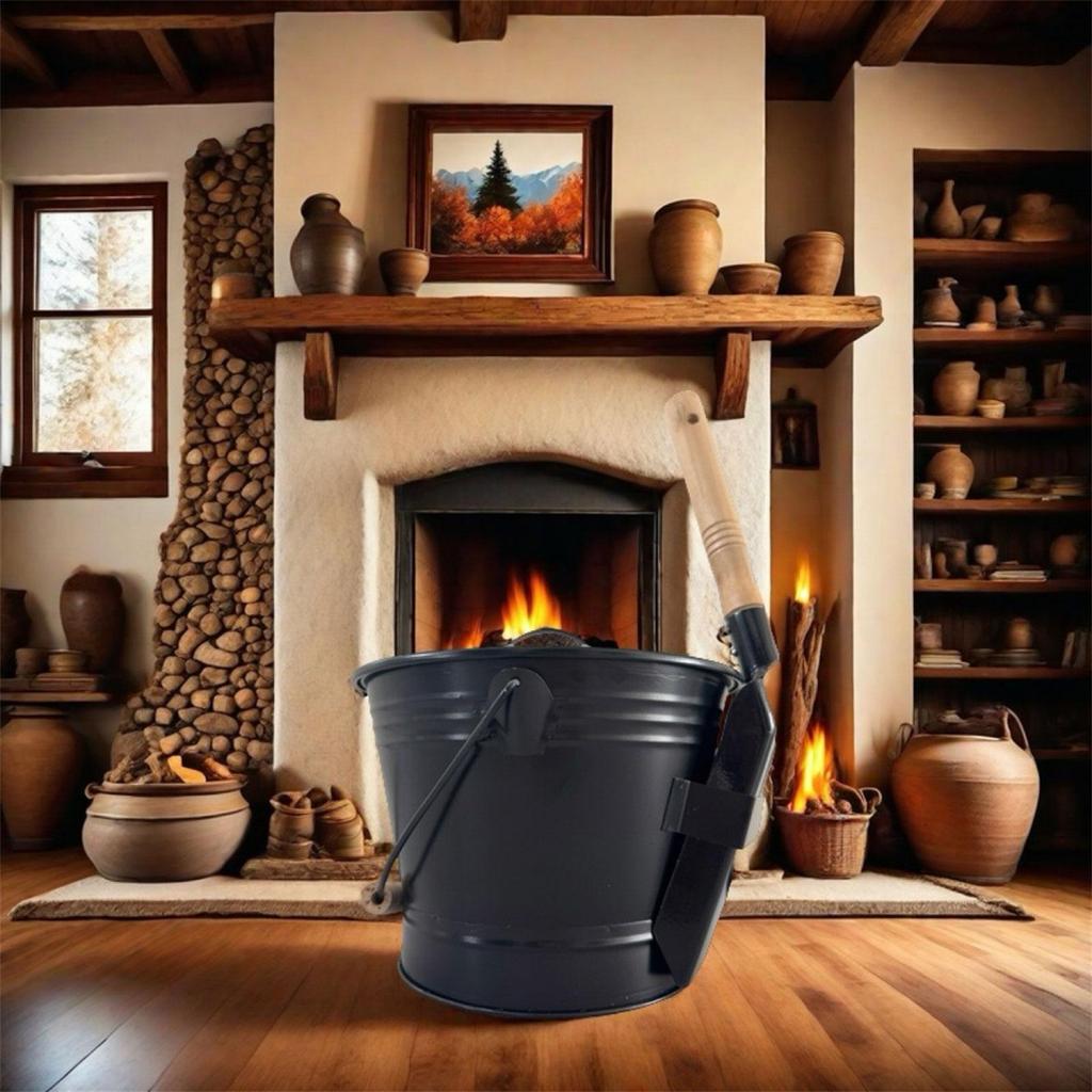 Fireplace Ash Bucket with Lid,Iron,Essential,Ash Pail Spade and Hand Broom for Wood Burning