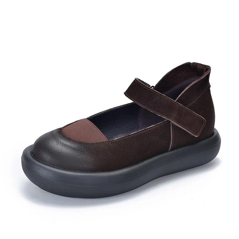 Johnature Shallow Genuine Leather Round Toe Thick Sole Flat Shoes Mary Jane Women's Shoes