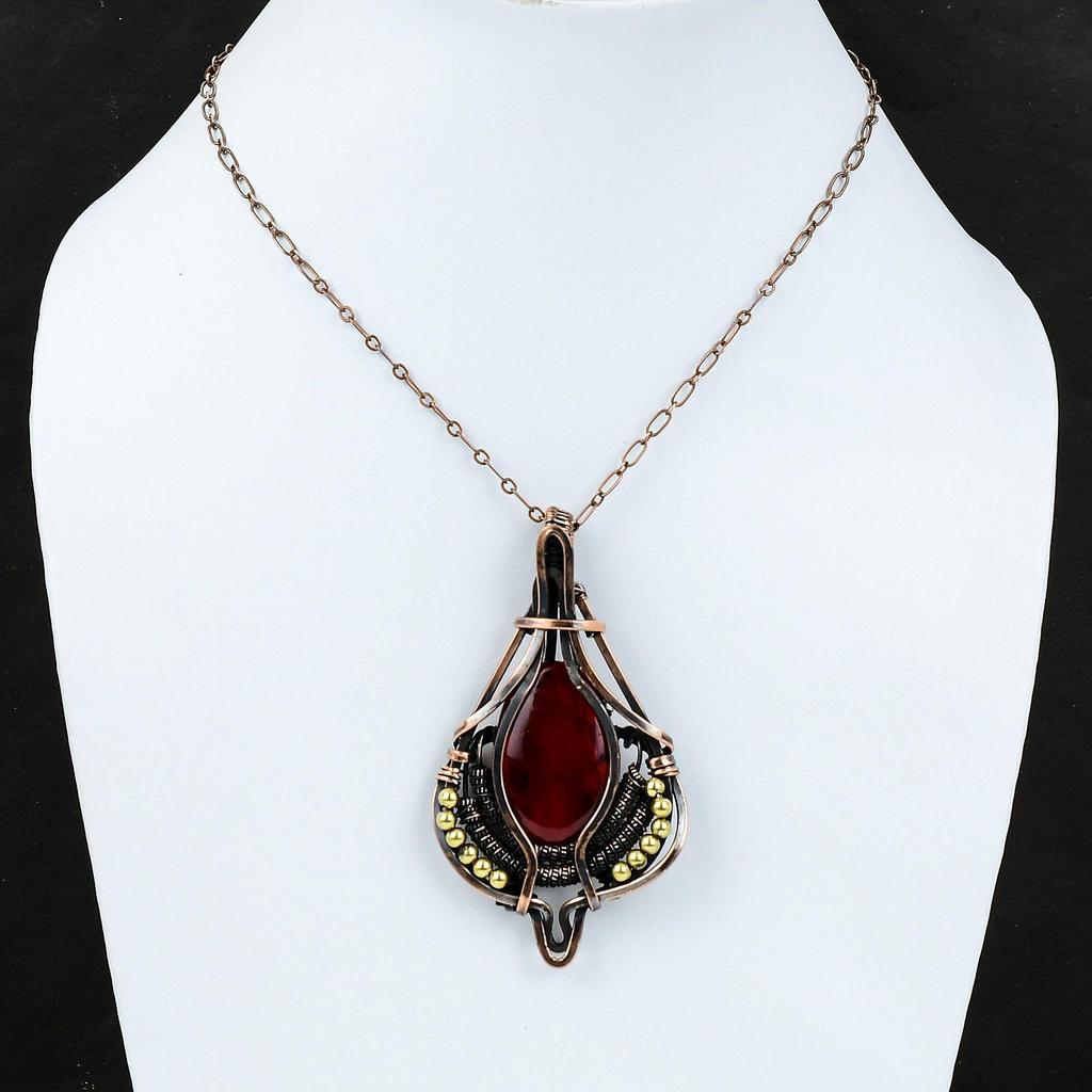 Red Fire Labradorite Gemstone Pendant Copper Wire Wrapped Pendant Designer Copper Jewelry Handmade Ethnic Pendant Wire Wrap Jewelry For Gift