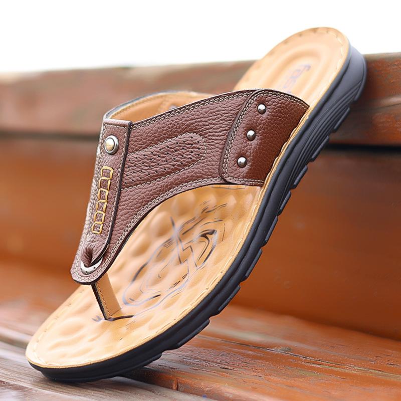 Абсолютно новые мужские шлепанцы из воловьей кожи, повседневная пляжная обувь, модные мужские удобные сандалии на мягкой подошве с нескользящей подошвой