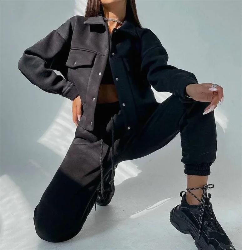 Women Tracksuit Matching Two Pieces Set Single Button Jacket Coat Pockets Pants Suit Drawstring Trousers Sports Outfits