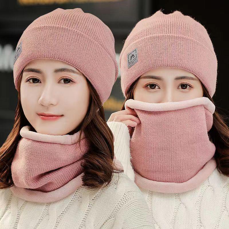 Women Knitted Beanie+Scarf Sets Thicken Velvet Lining Pullover Cap Unisex Winter Warm Plush Bonnet Neck Protection Scarves Hat