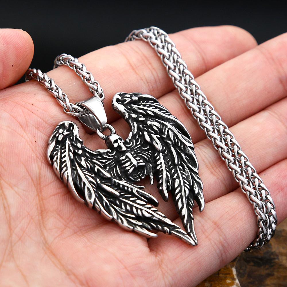 New 316L Stainless Steel Skull With Angel Wings Pendant Necklaces For Men Boys Gothic Hip Hop Biker Jewelry Gifts Dropshipping