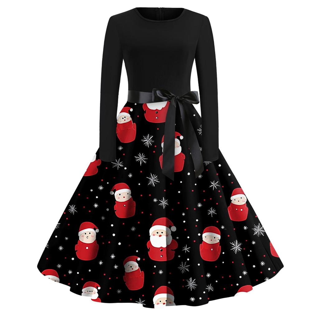 Women's Fashion Vintage Long Sleeve Round Neck Christmas Printed Party Gown Dress