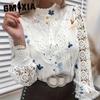 Autumn Winter Women's Button-up Long Sleeve Shirt with Lace Lace