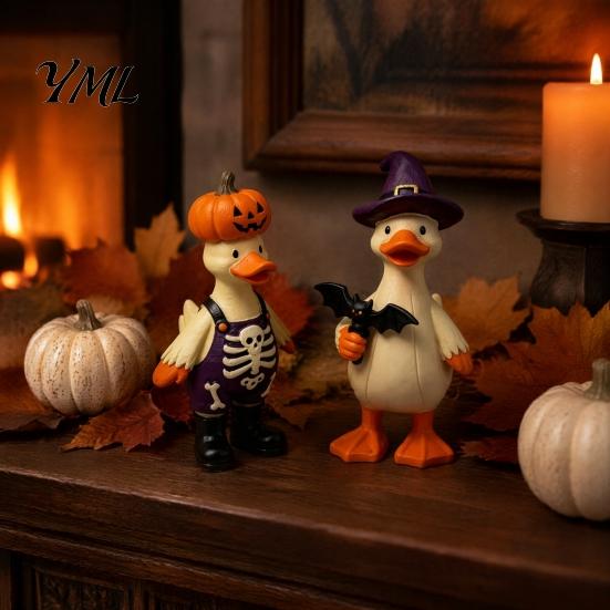 Vivid Halloween Room Decor 2Pcs Duck Figurine with Pumpkin/Witch Hat Design, Resin Statue Cute Desk Accessories Ornament, Funny Animal Sculpture