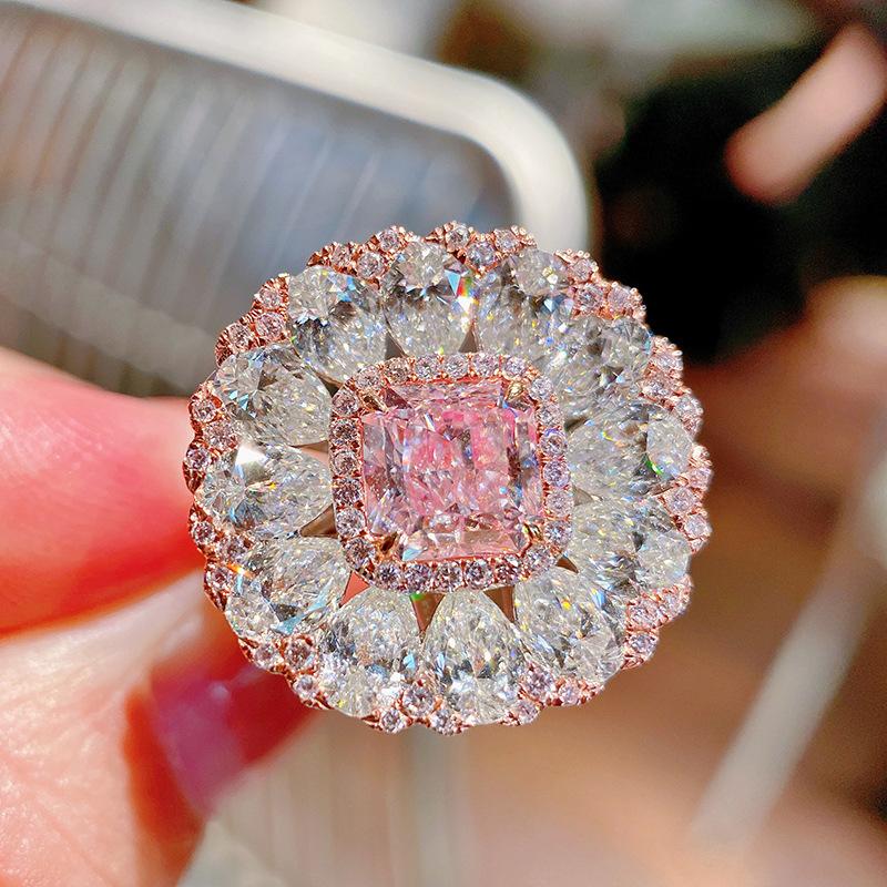 Super Sparkling Cherry Blossom Blooming Seasonal Treasure Ring, Pillow-Shaped Argyle Pink Diamond Ring Temperament Socialite Woman