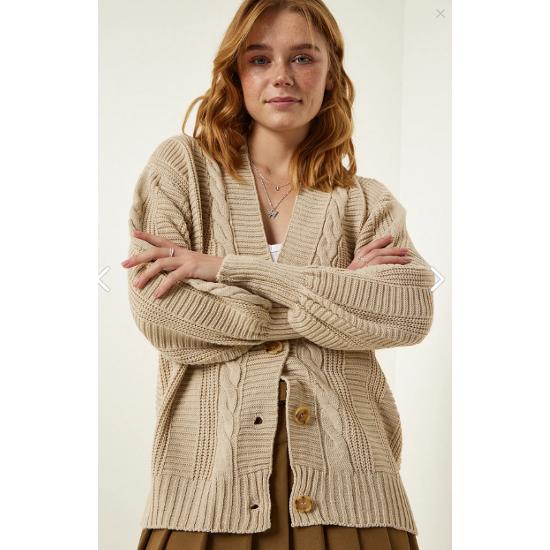 Kadın Krem Örgülü Balon Kollu Salaş Triko Hırka Standart Beden