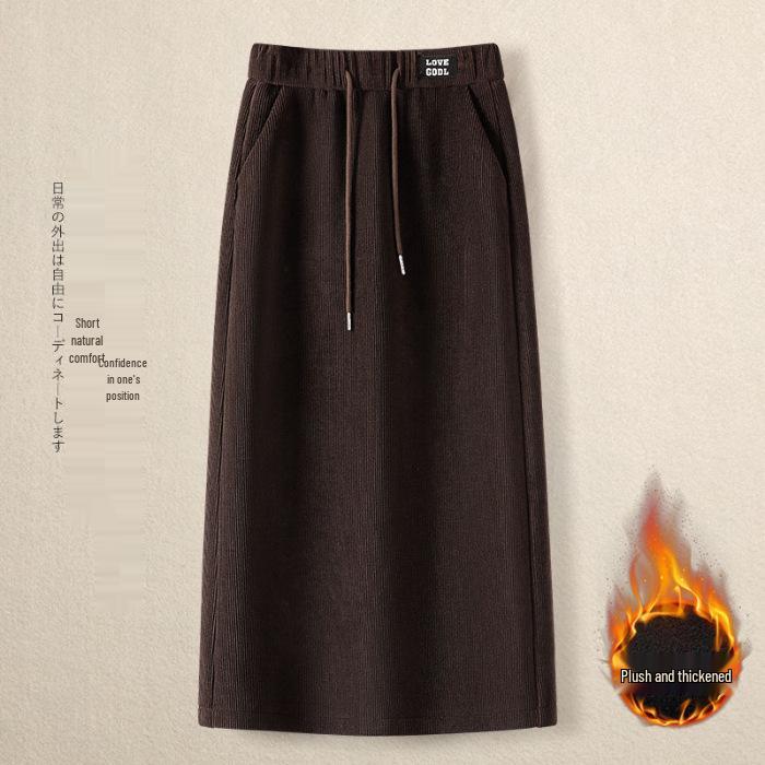 Женская миди-юбка с высоким поясом и плюшем - А-силуэта, на кулиске с эластичным поясом, с прямым подолом, облегающая бедра, Осень/Зима 2025