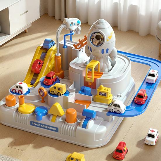 1 Набор Игрушечная гоночная трасса для машинок-космических кораблей с 5 мини-машинками для малышей, мальчиков и девочек, развивающая, приключения в космосе, игровой набор с маленькой машинкой и рельсами