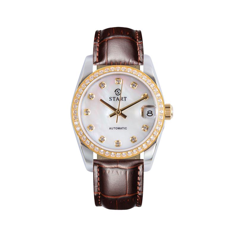 Start Женские часы с перламутровым циферблатом, модные повседневные автоматические механические часы, водонепроницаемые кожаные часы с функцией даты