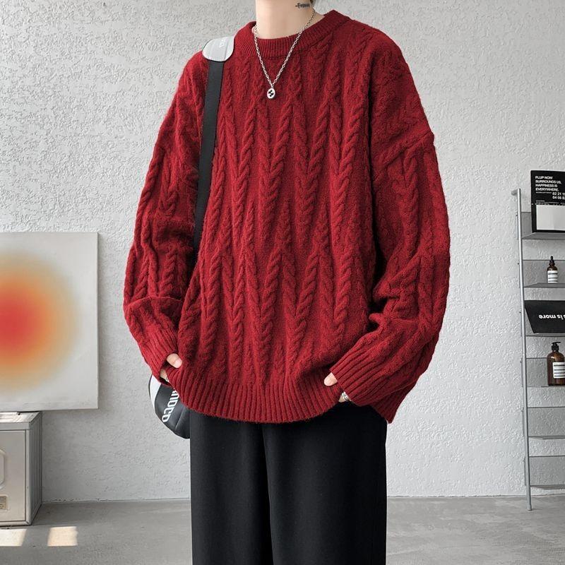 Мужской теплый модный универсальный свитер крупной вязки большого размера из мягкой ткани высокого качества, дизайн с круглым вырезом, свободный повседневный спортивный трикотажный свитер с длинным рукавом