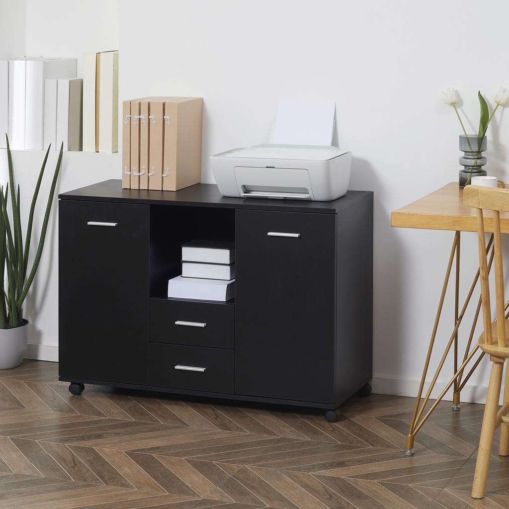 Multifunctional Office Cabinet With 360 Degree Wheels For Printers And Files Black Wood 100x40x71cm