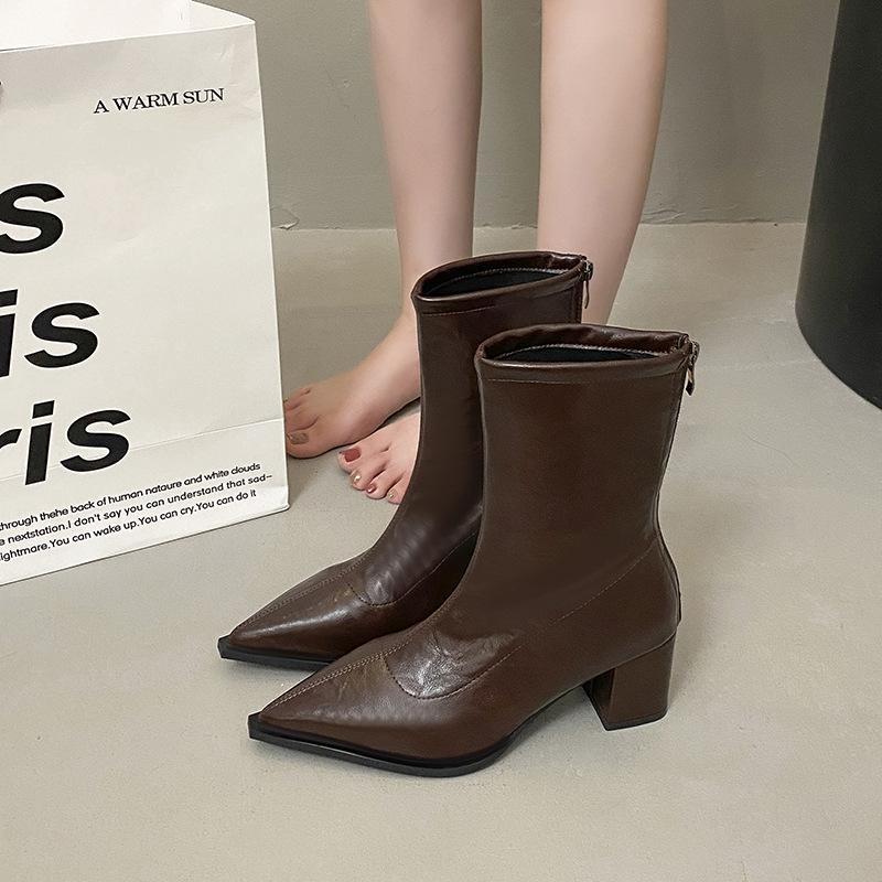 High Heel Coarse Heel Pointed Small Ankle Boots Women's Shoes 2025 Summer Brown Absolute Foreign Martin Boots Skinny Short Boots
